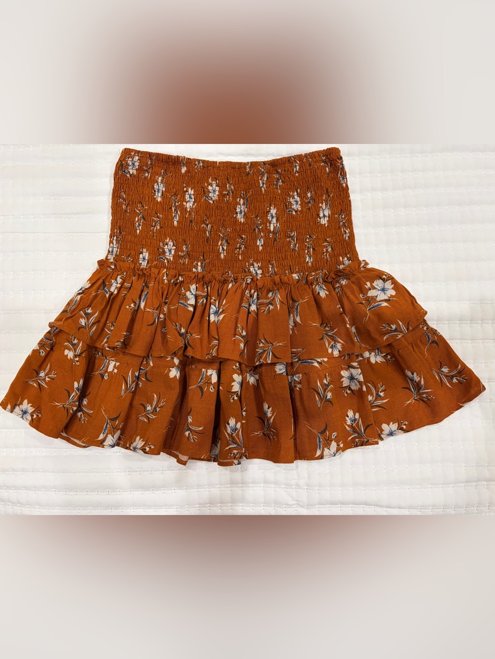 Skylar + Madison Burnt Orange Floral Smocked Ruffle Mini Skirt - Size M